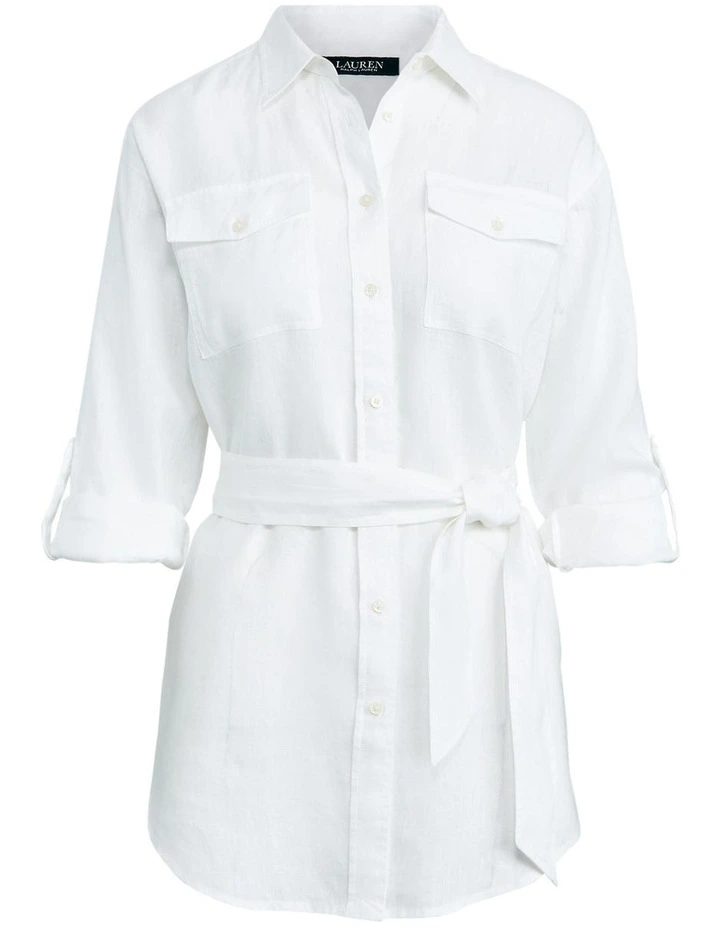Belted Linen Shirt in White image 4