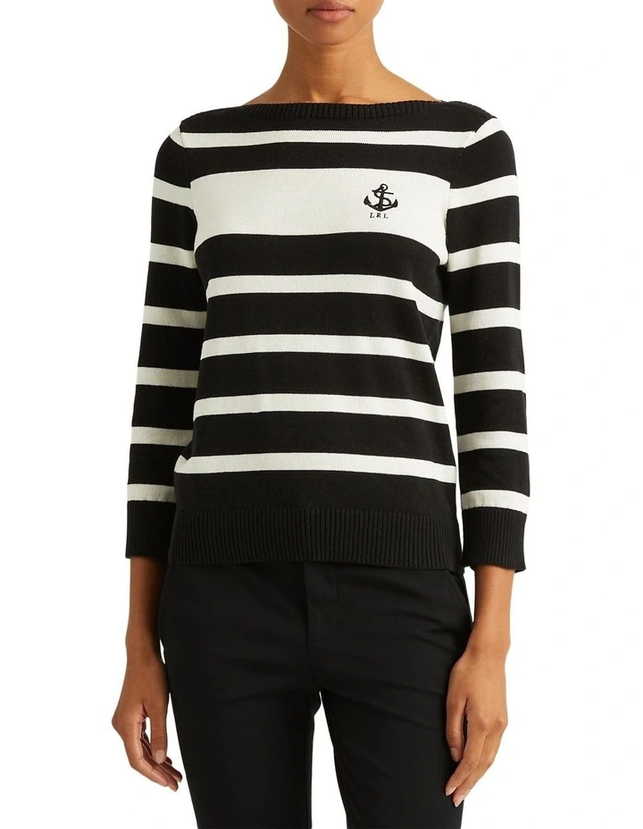 Striped Cotton Boatneck Sweater in Black image 1