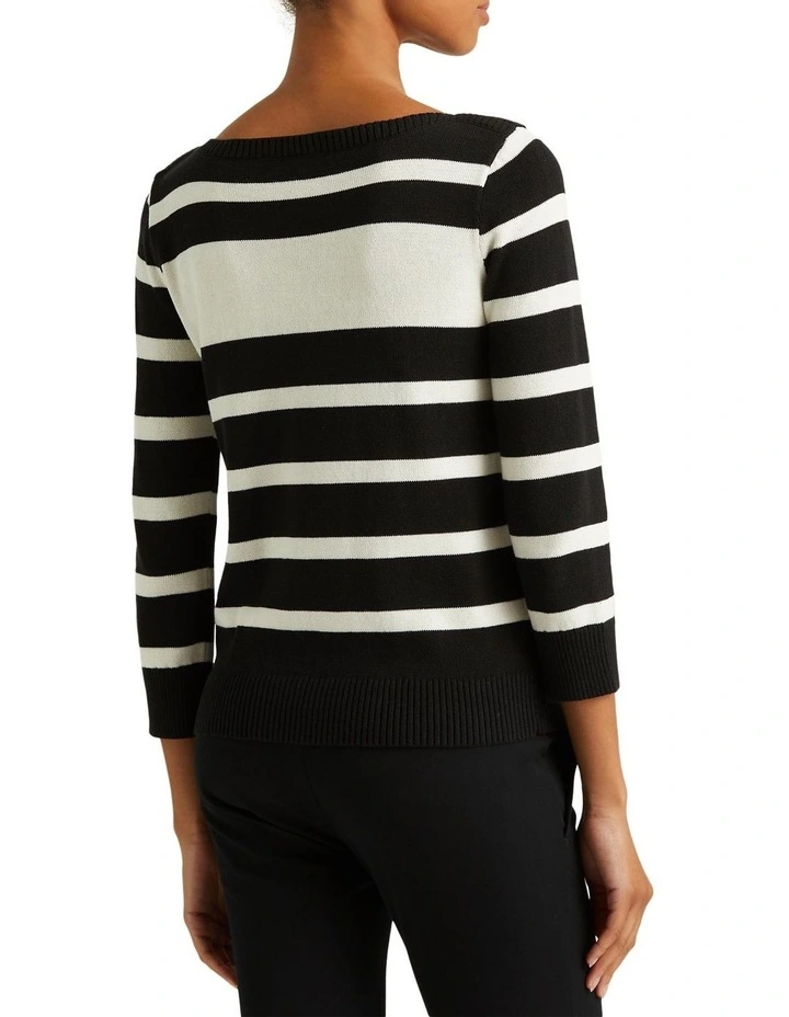 Striped Cotton Boatneck Sweater in Black image 2