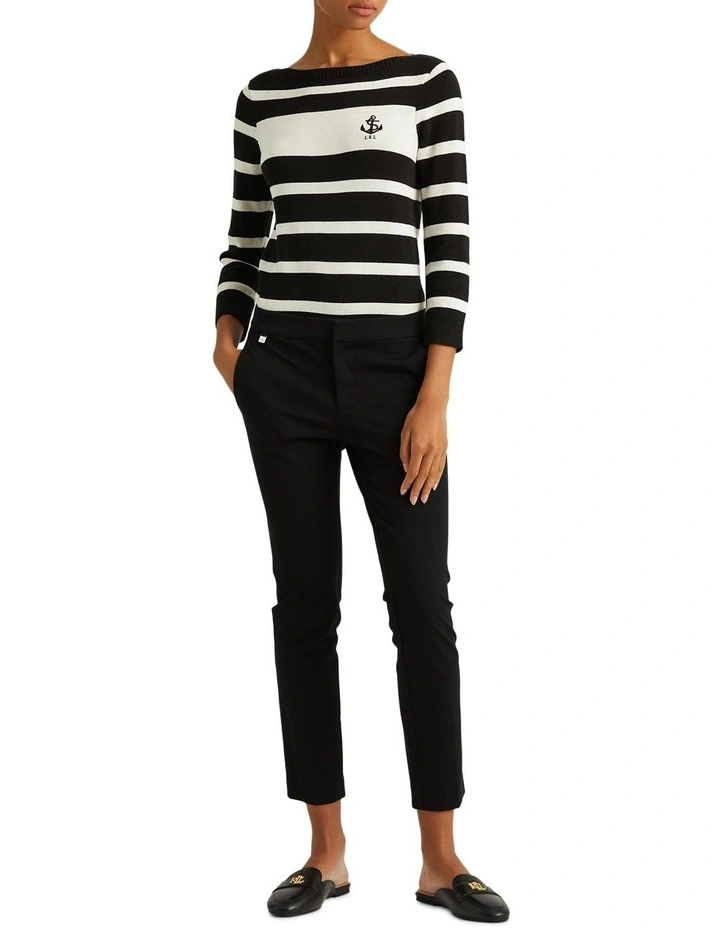 Striped Cotton Boatneck Sweater in Black image 3