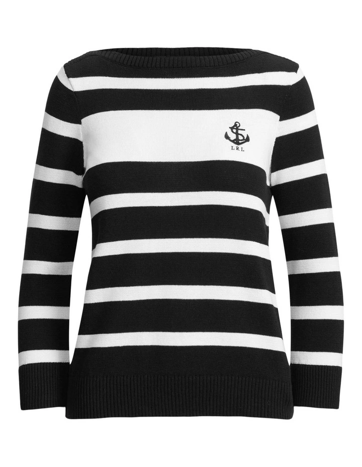 Striped Cotton Boatneck Sweater in Black image 4