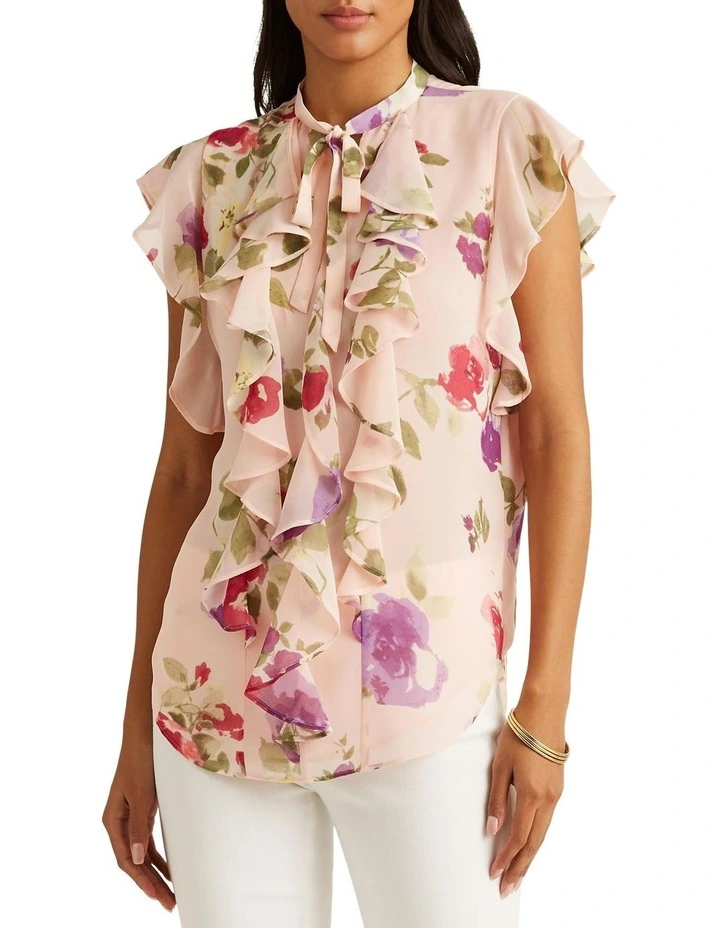 Floral Chiffon Ruffle-Trim Blouse in Pink Multi image 1