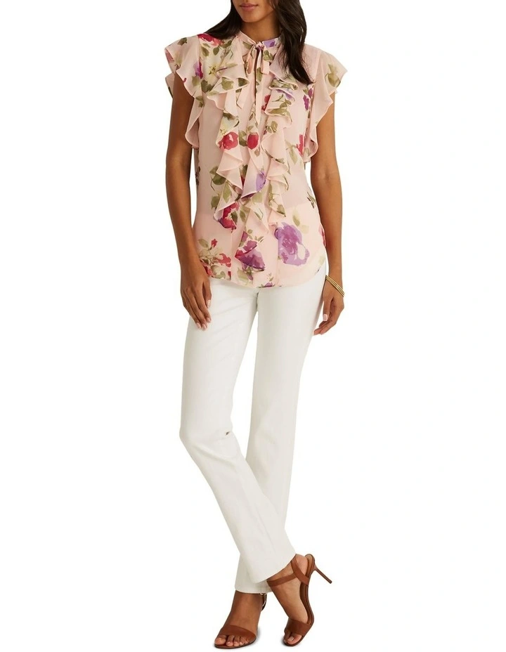 Floral Chiffon Ruffle-Trim Blouse in Pink Multi image 3