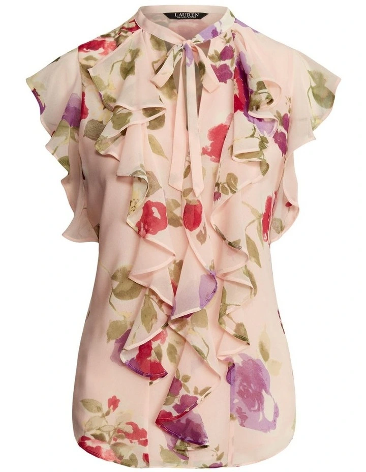 Floral Chiffon Ruffle-Trim Blouse in Pink Multi image 4