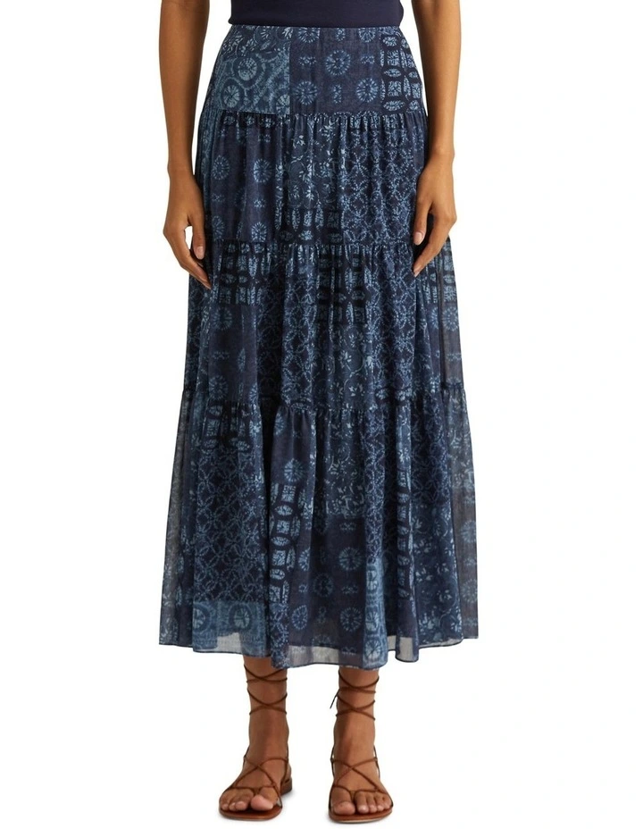 Geo-Print Crinkle Georgette Skirt in Blue image 1
