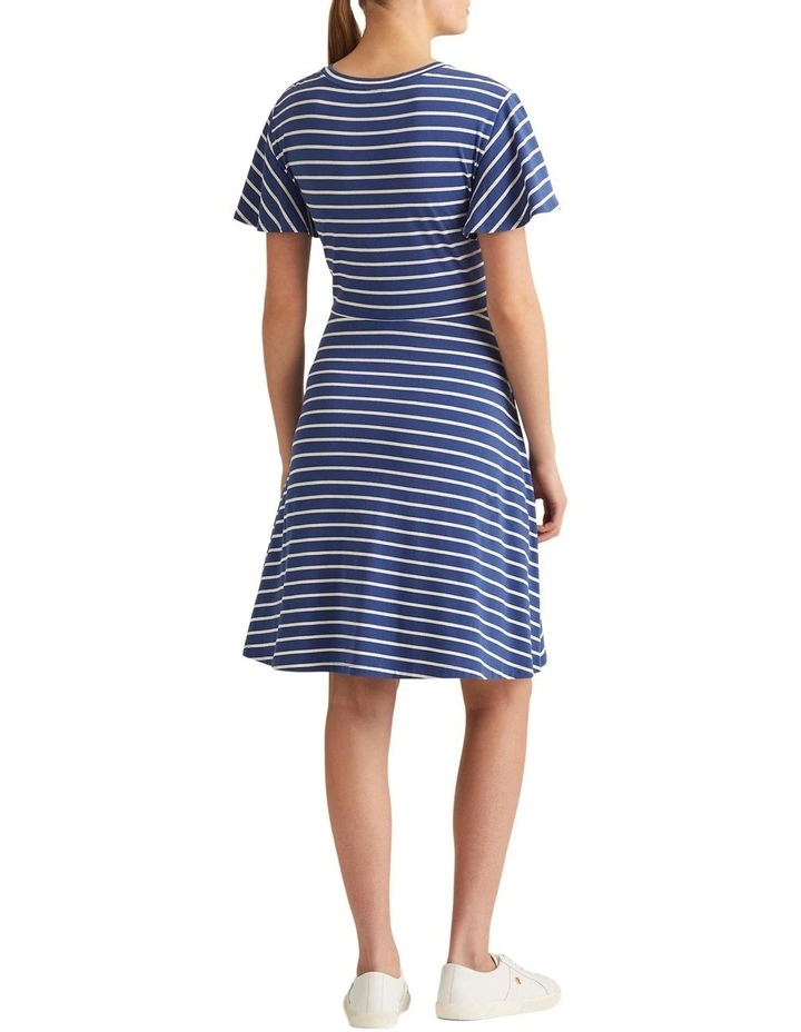 Striped Tie-Front Jersey Dress in Blue image 2