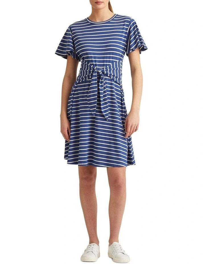 Striped Tie-Front Jersey Dress in Blue image 3