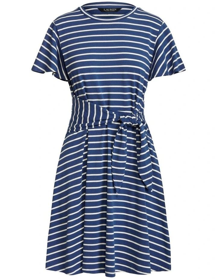 Striped Tie-Front Jersey Dress in Blue image 4