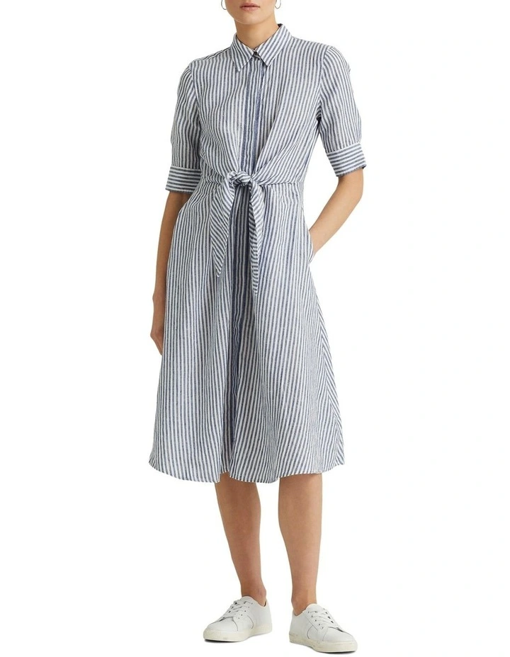 Striped Tie-Front Linen Shirtdress in Blue image 1