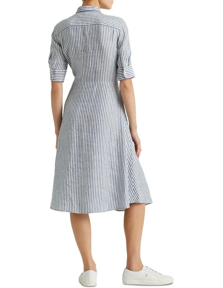 Striped Tie-Front Linen Shirtdress in Blue image 2