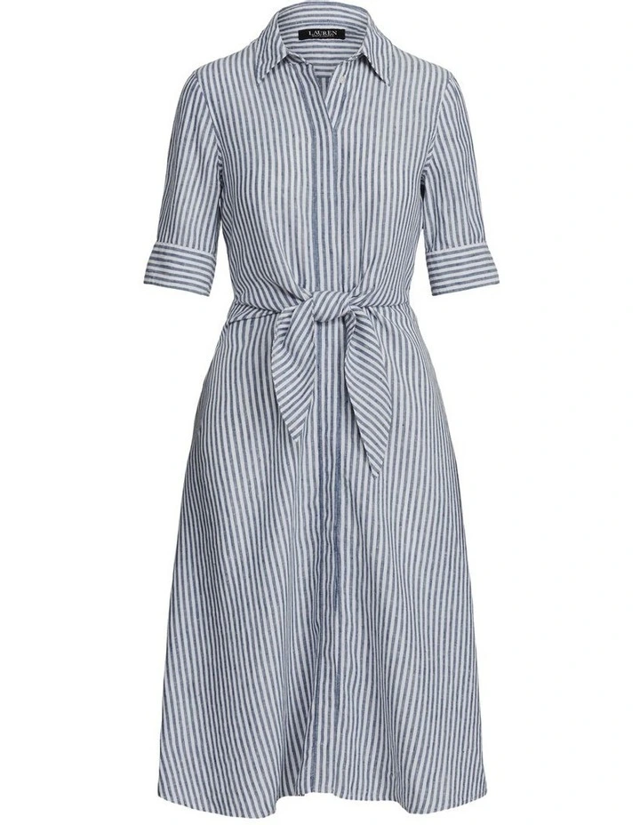 Striped Tie-Front Linen Shirtdress in Blue image 4