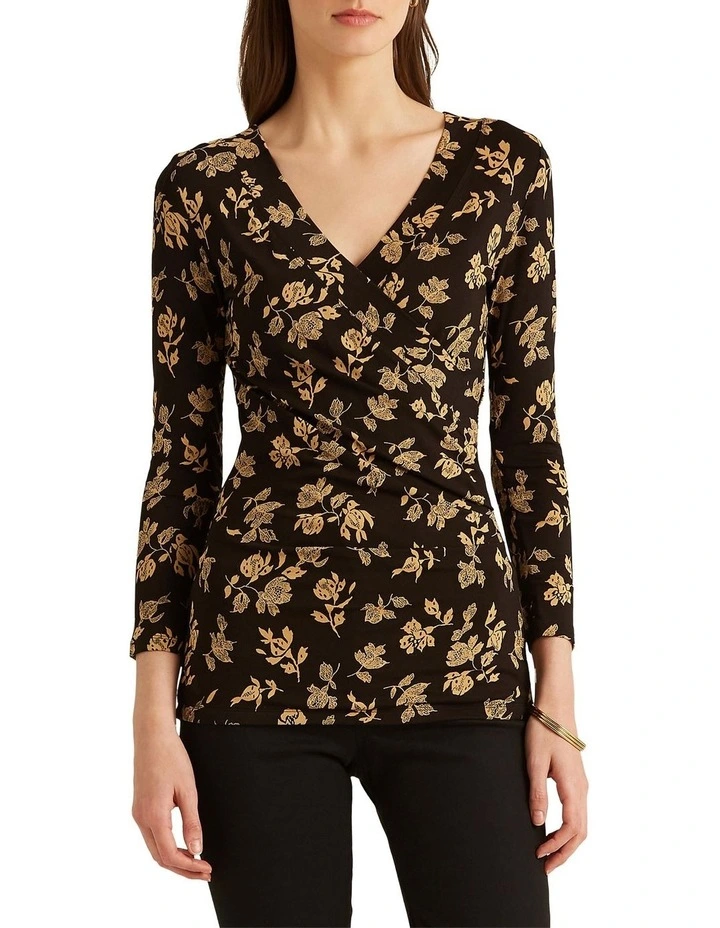 Floral Surplice Stretch Jersey Top in Black/Gold image 1