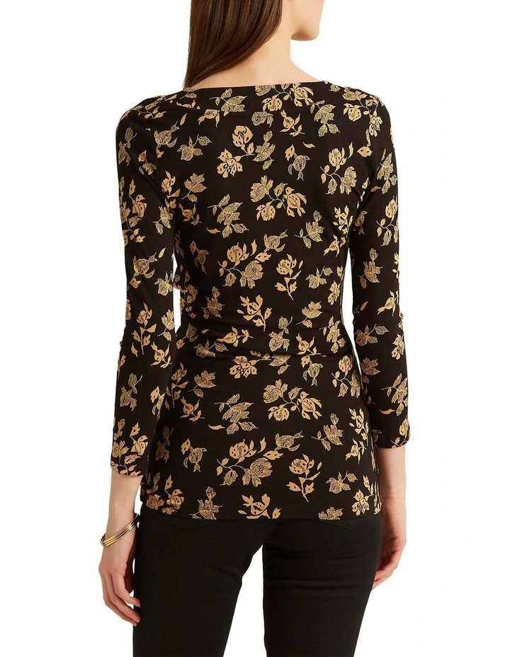 Floral Surplice Stretch Jersey Top in Black/Gold image 2