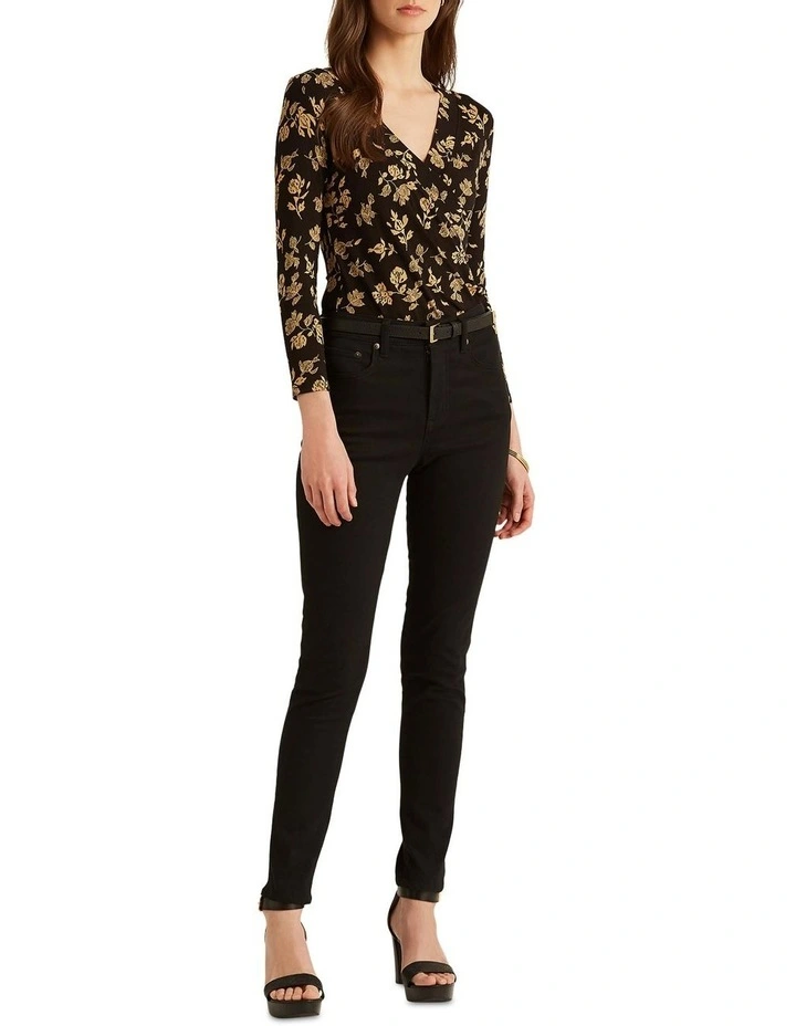 Floral Surplice Stretch Jersey Top in Black/Gold image 3