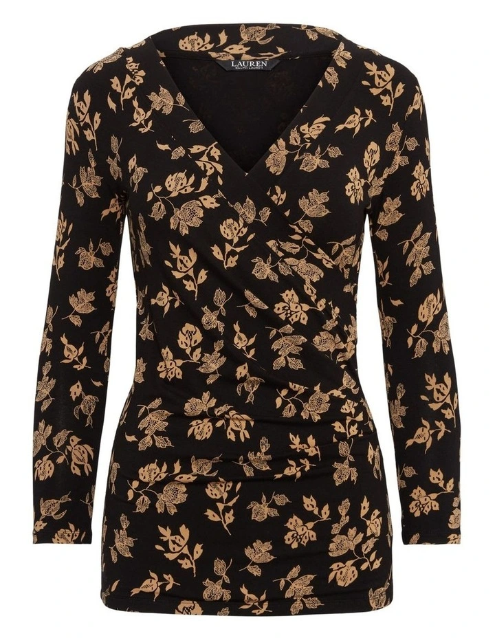Floral Surplice Stretch Jersey Top in Black/Gold image 4