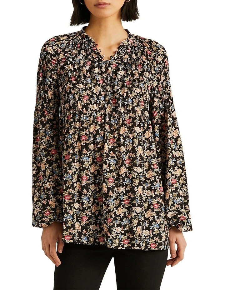 Floral Pleated Georgette Blouse in Black Multi image 1