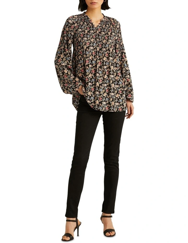 Floral Pleated Georgette Blouse in Black Multi image 3