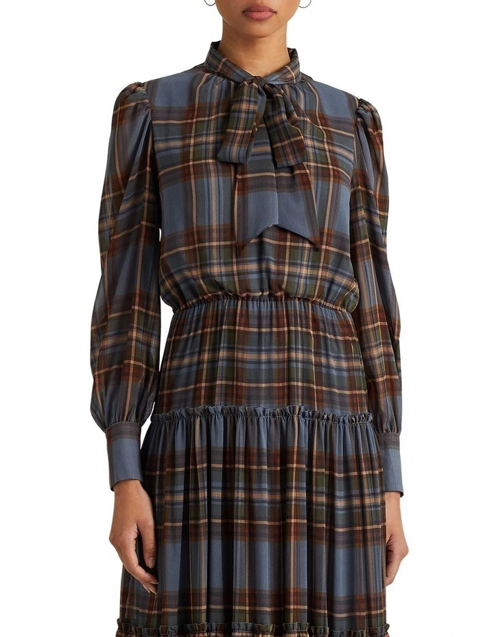 Plaid Tie-Neck Crinkle Georgette Dress in Blue image 1
