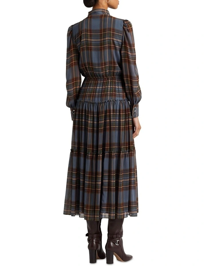 Plaid Tie-Neck Crinkle Georgette Dress in Blue image 2