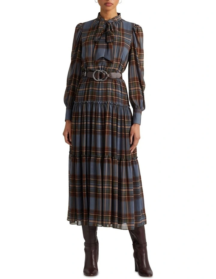 Plaid Tie-Neck Crinkle Georgette Dress in Blue image 3