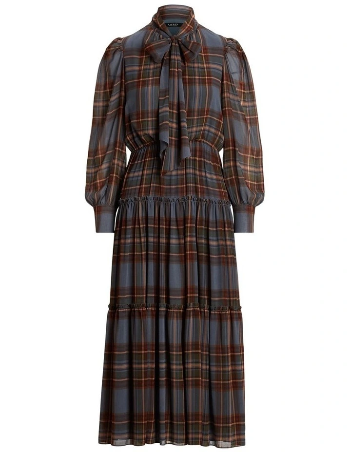 Plaid Tie-Neck Crinkle Georgette Dress in Blue image 4