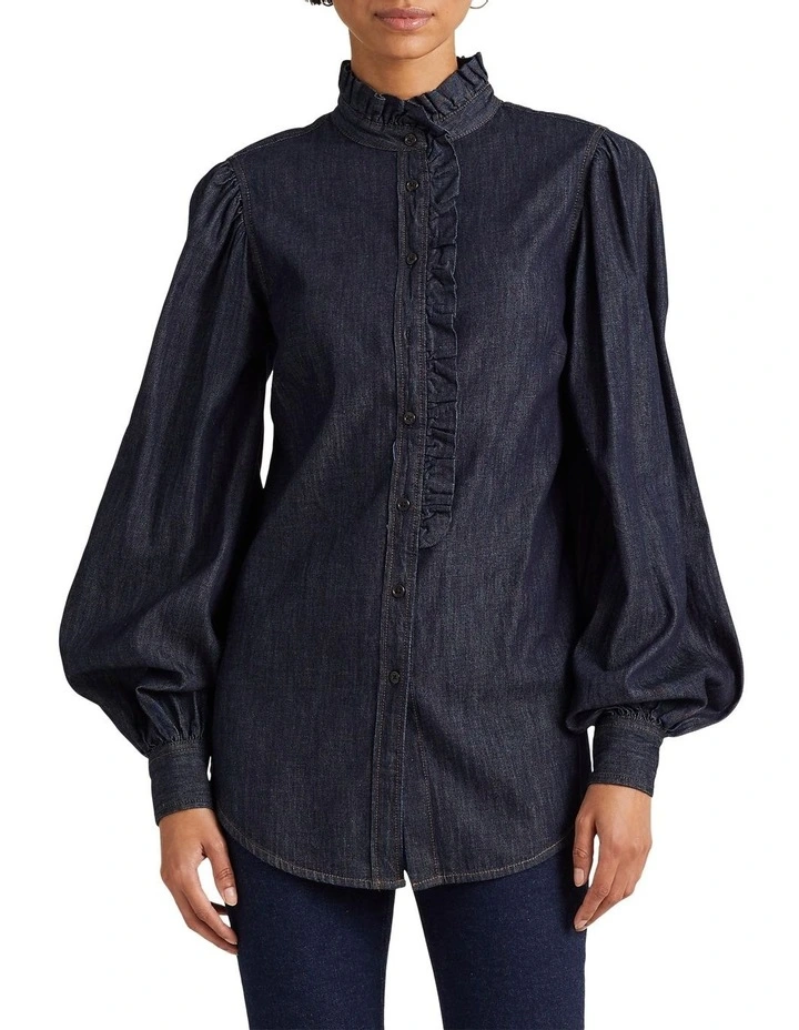 Denim Blouson Sleeve Shirt in Blue image 1