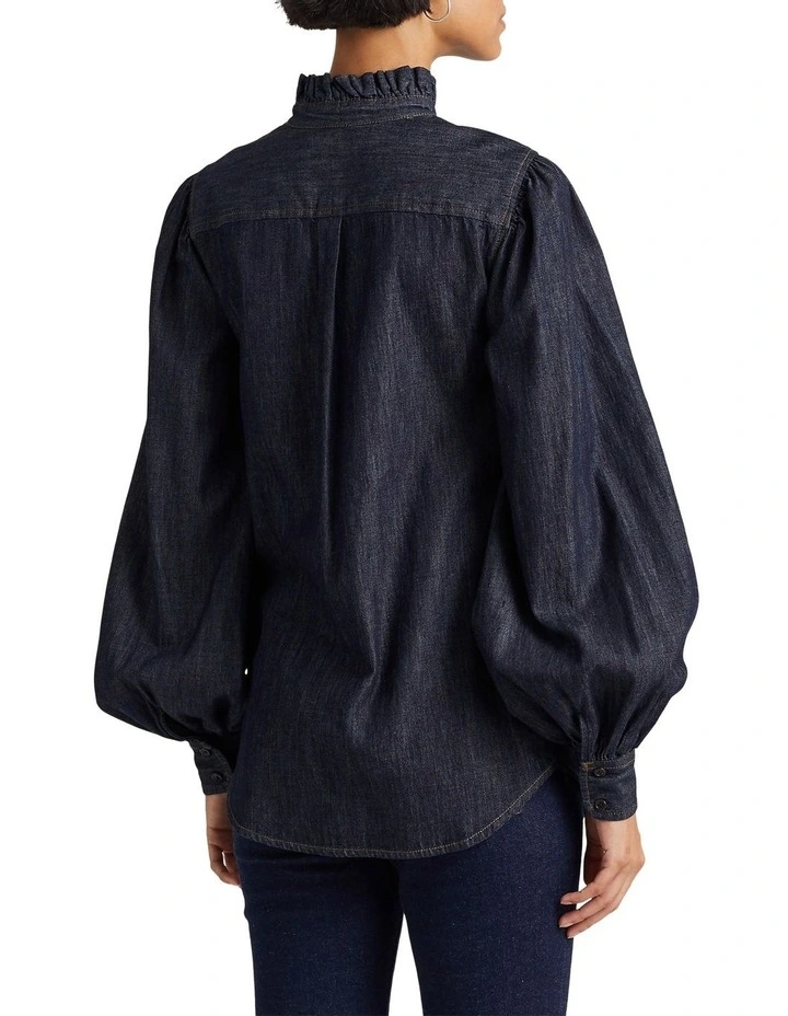 Denim Blouson Sleeve Shirt in Blue image 2