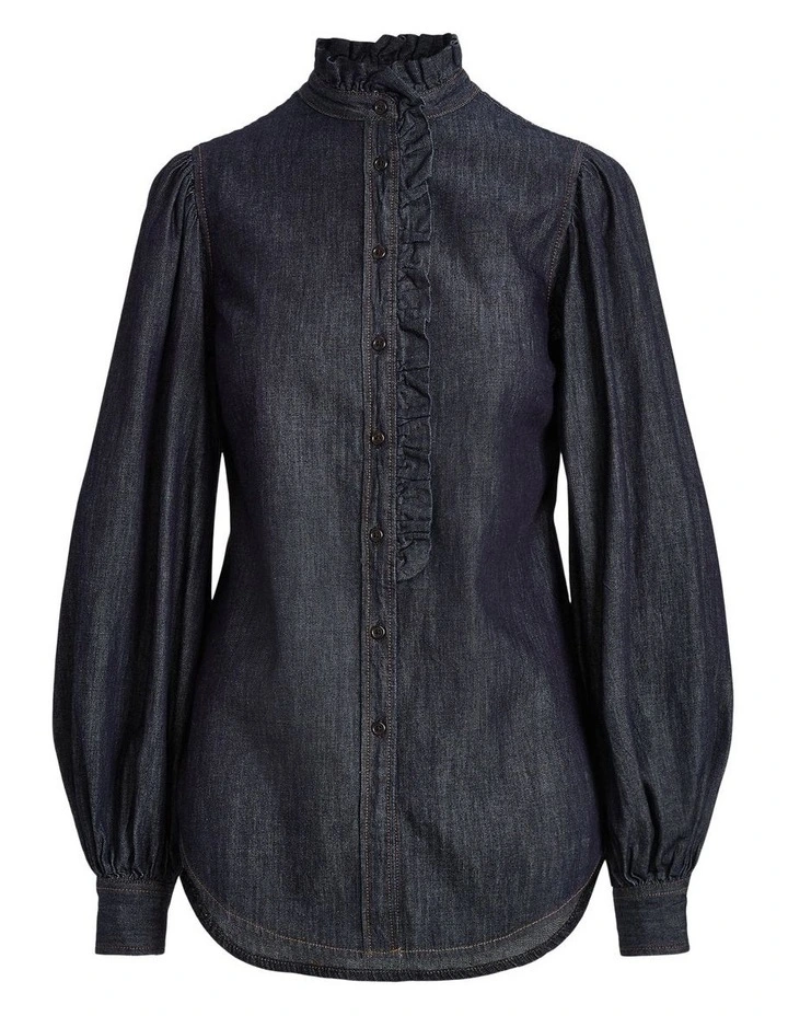Denim Blouson Sleeve Shirt in Blue image 4