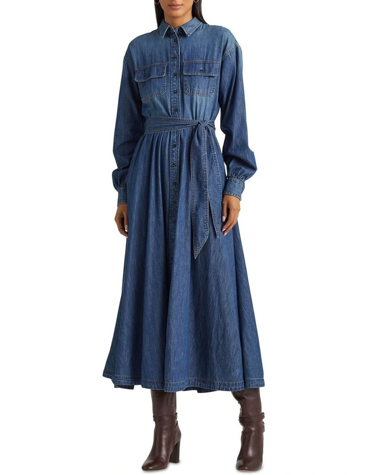 Belted Denim Shirtdress in Blue image 3