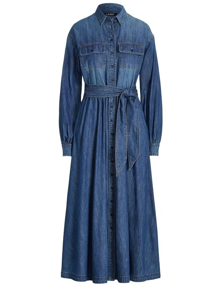 Belted Denim Shirtdress in Blue image 4