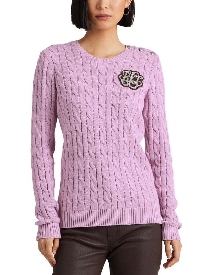 Button Trim Cable Knit Sweater in Purple image 1