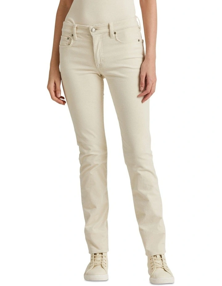 Stretch Corduroy Mid Rise Straight Pant in Beige image 1