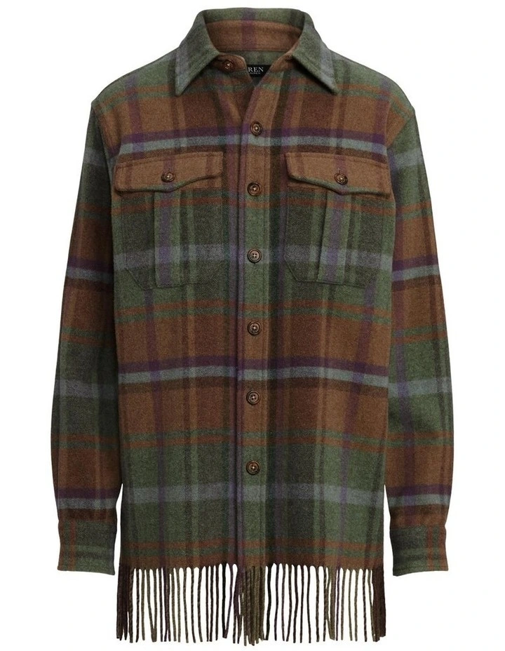 Lauren Ralph Lauren Plaid Fringe Trim Twill Shirt Jacket in