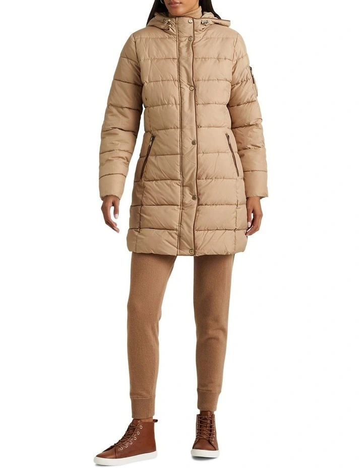 Hooded Down Coat in Beige image 3