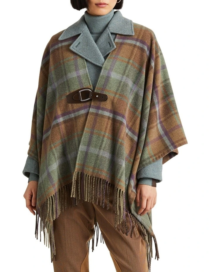 Plaid Fringe-Trim Wool-Blend Poncho in Beige Multi image 1