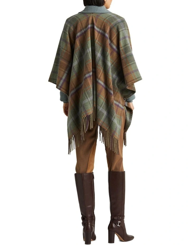 Plaid Fringe-Trim Wool-Blend Poncho in Beige Multi image 2