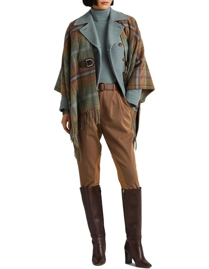 Plaid Fringe-Trim Wool-Blend Poncho in Beige Multi image 3