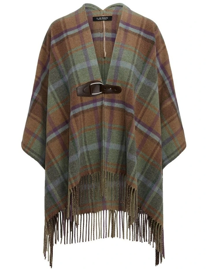 Plaid Fringe-Trim Wool-Blend Poncho in Beige Multi image 4