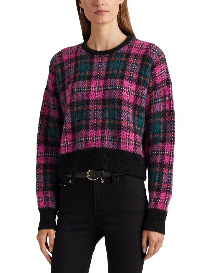 Plaid Wool-Blend Sweater in Pink Multi image 1