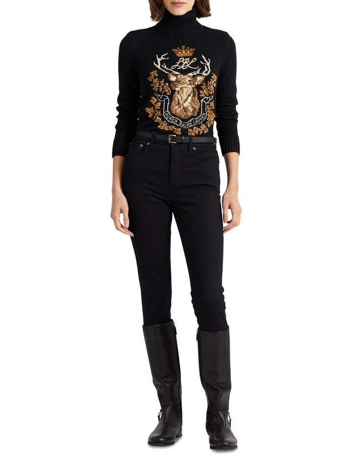 Intarsia-Knit Cotton Turtleneck Sweater in Black image 3