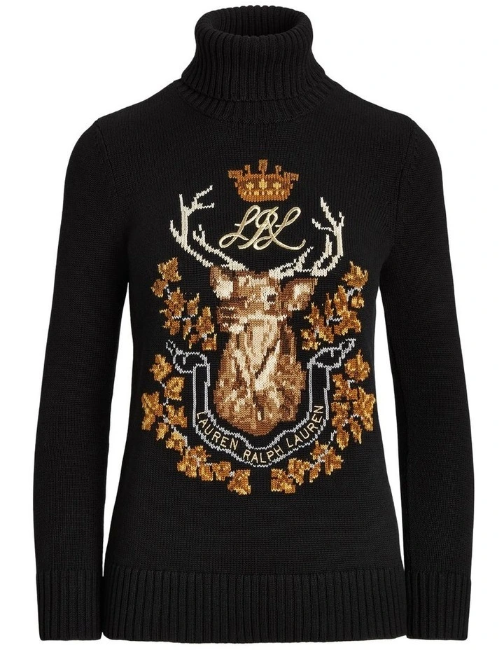 Intarsia-Knit Cotton Turtleneck Sweater in Black image 4