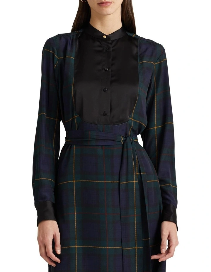 Plaid Crepe Belted Shirtdress in Navy image 1