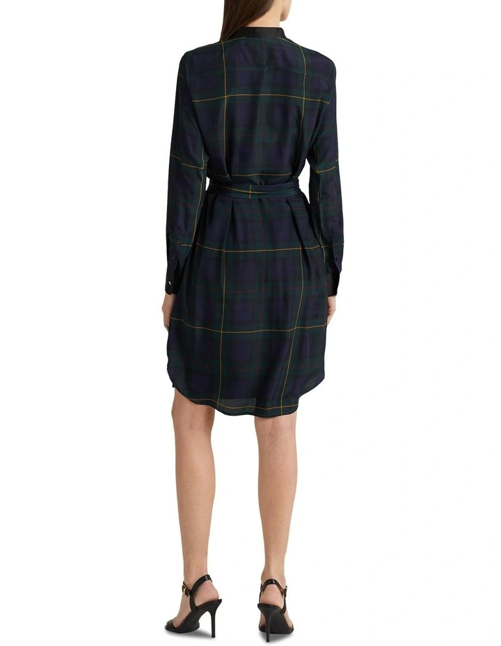 Plaid Crepe Belted Shirtdress in Navy image 2