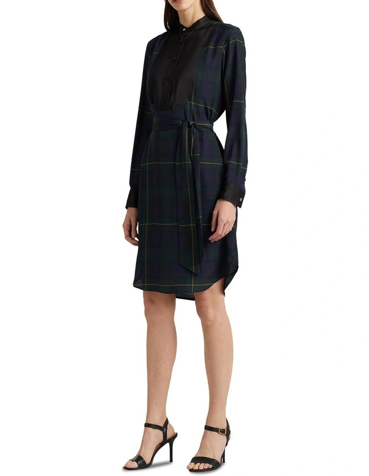 Plaid Crepe Belted Shirtdress in Navy image 3