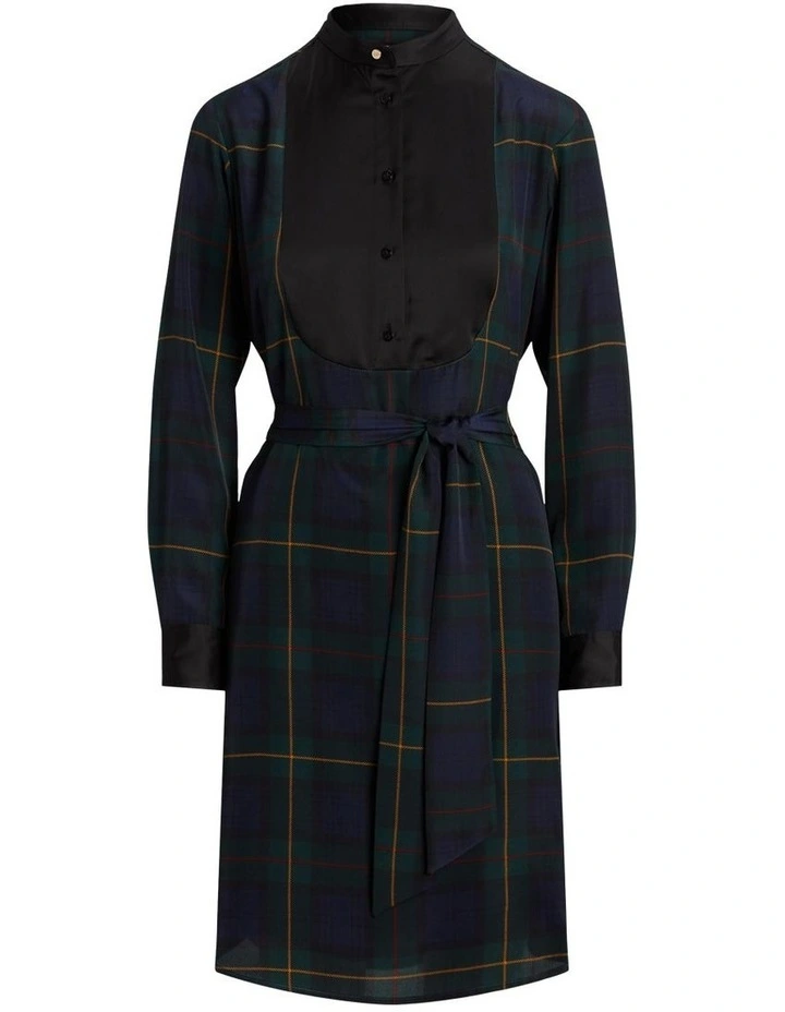 Plaid Crepe Belted Shirtdress in Navy image 4