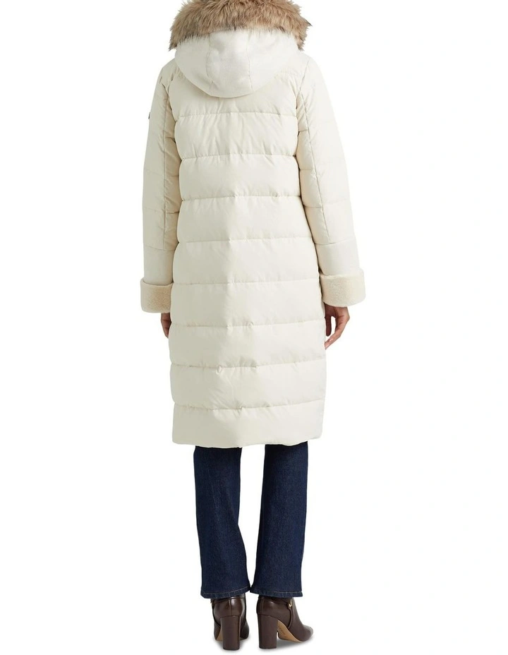 Faux Fur-Trim Long Hooded Down Coat in Beige image 2