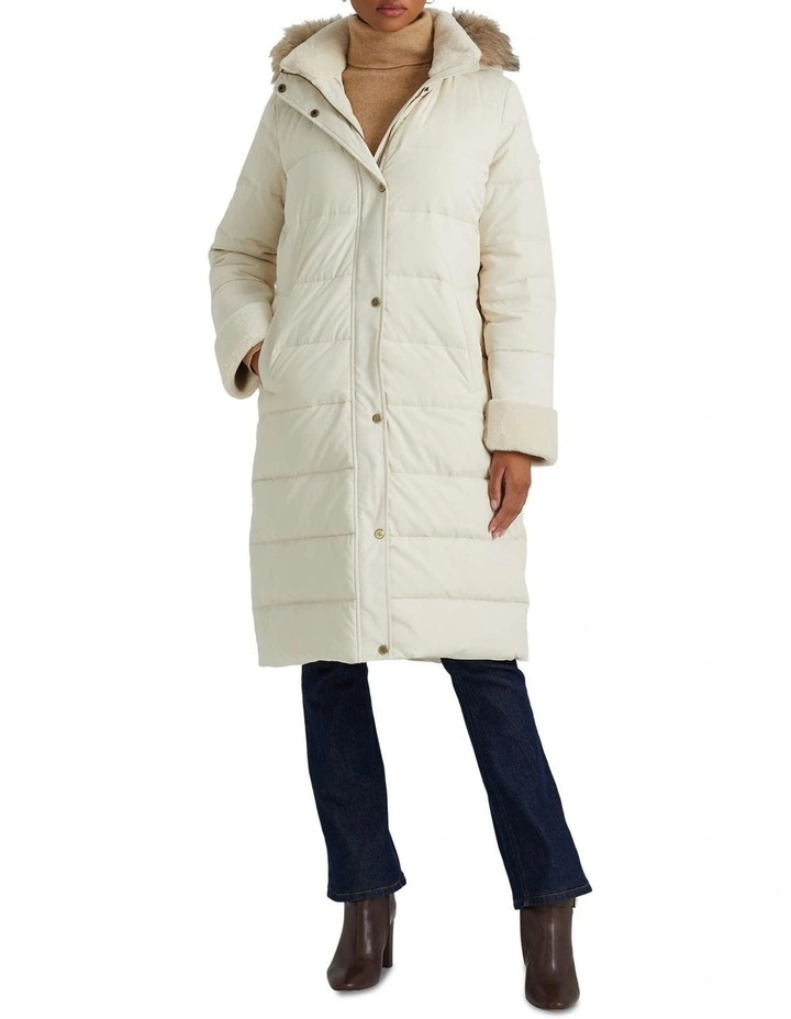 Faux Fur-Trim Long Hooded Down Coat in Beige image 3