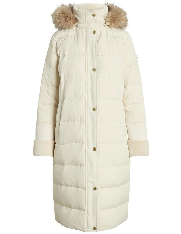 Faux Fur-Trim Long Hooded Down Coat in Beige image 4