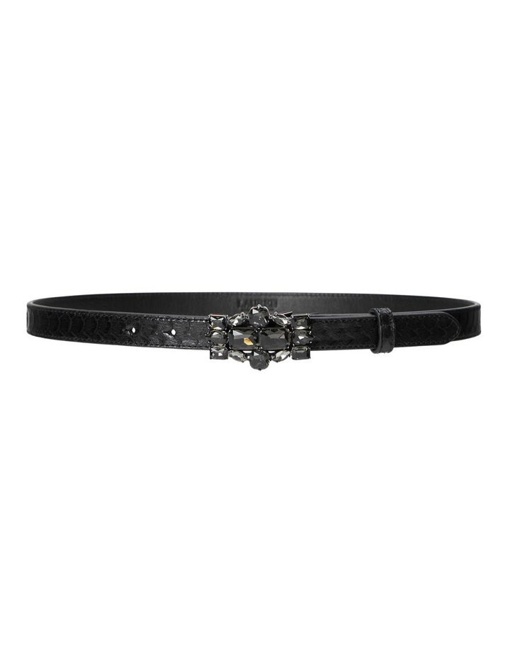 Stone-Embellished Faux-Snakeskin Belt in Black