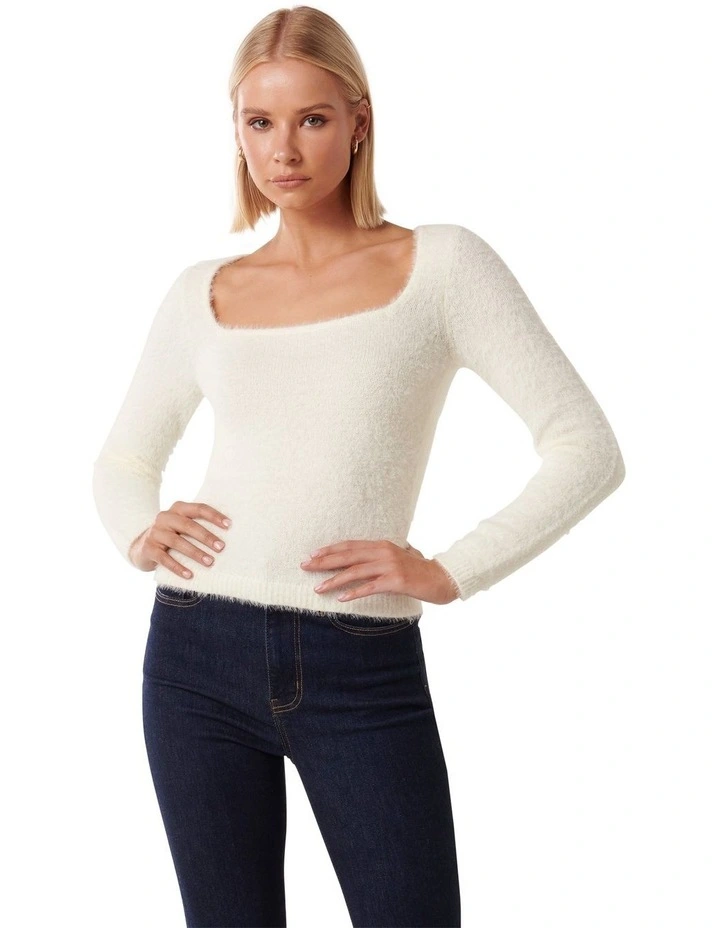 Kendall Square Neck Knit Jumper in Cream image 1
